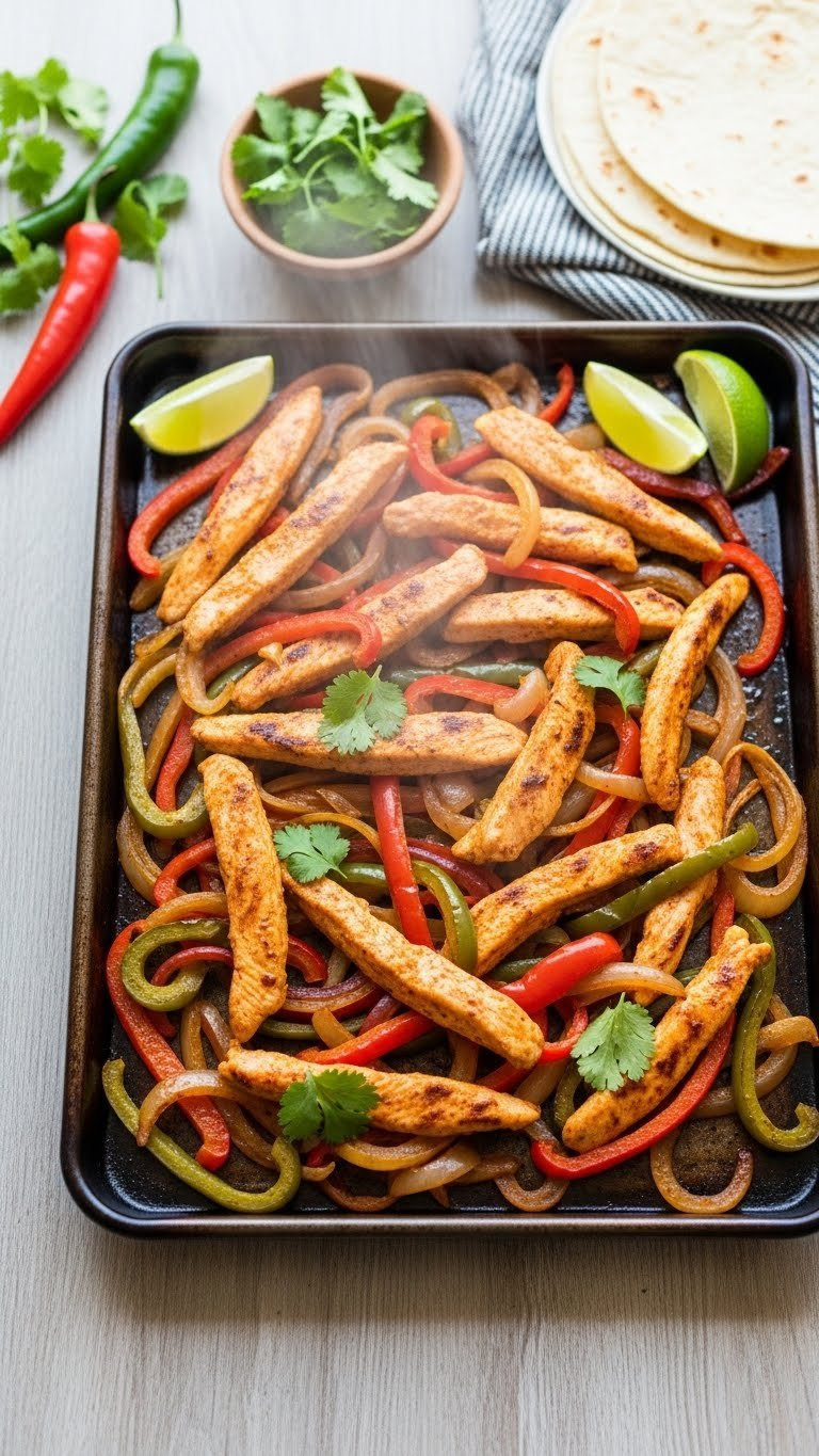Colorful Sheet Pan Chicken Fajitas With Bell Peppers And Onions On Dark Metal Pan With Lime Wedges