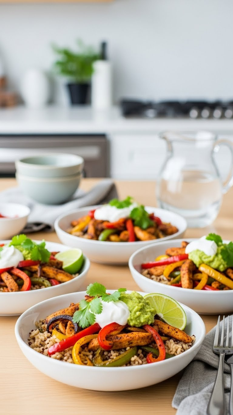 Colorful Sheet Pan Fajita Bowls With Seasoned Chicken Strips, Charred Peppers, Onions, And Fresh Cilantro Garnish