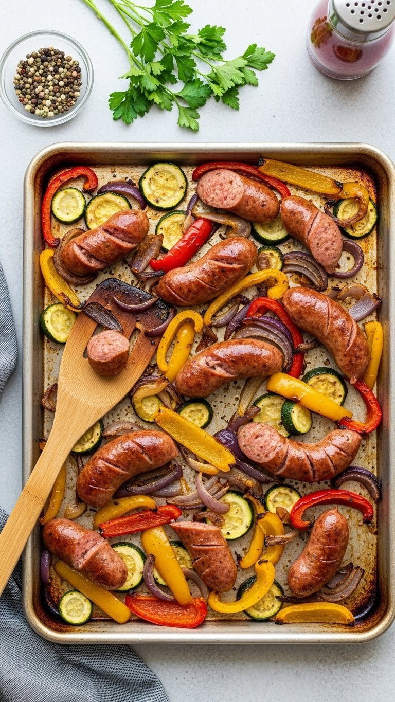 Colorful Sheet Pan Sausage And Roasted Vegetables With Italian Sausage Slices, Bell Peppers, Onions, And Zucchini On Baking Sheet
