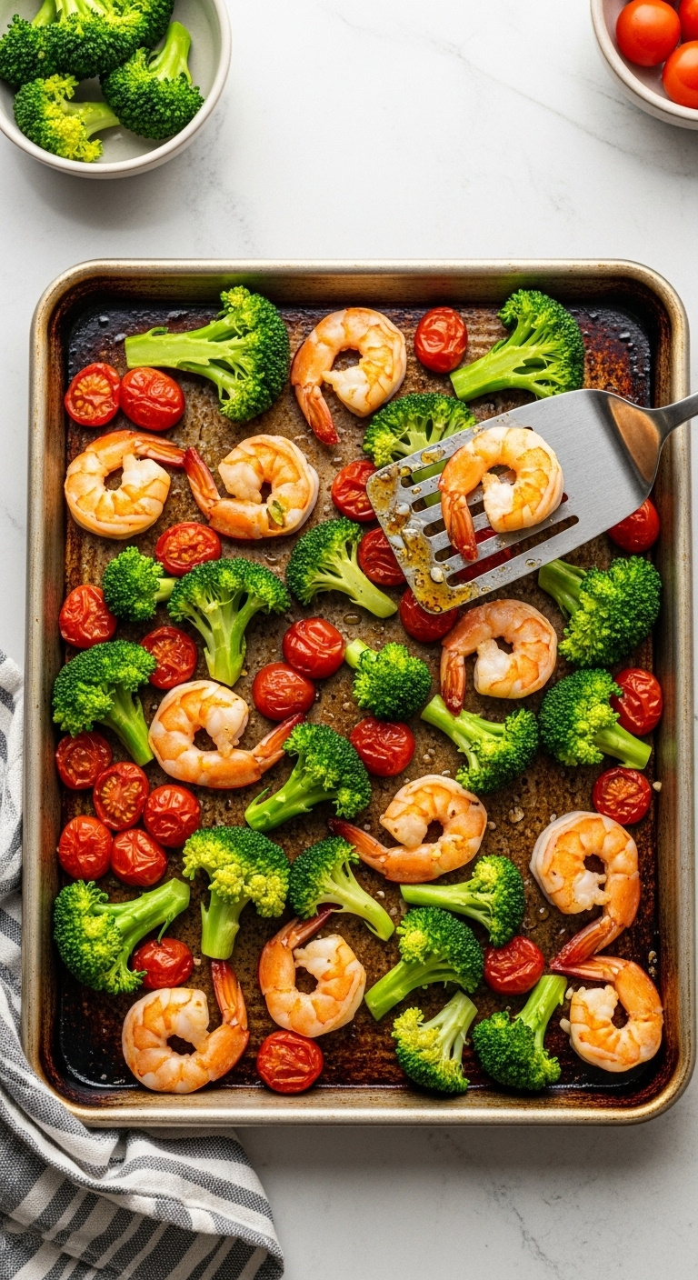 Colorful Sheet Pan With Roasted Shrimp, Broccoli, And Cherry Tomatoes Glistening With Garlic Butter, Spatula, And Towel
