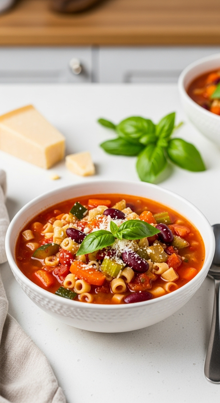 Colorful Slow-Cooker Minestrone Soup With Vegetables, Pasta, Parmesan, And Basil, Presented As A Top-Down Flat Lay On A White Countertop.