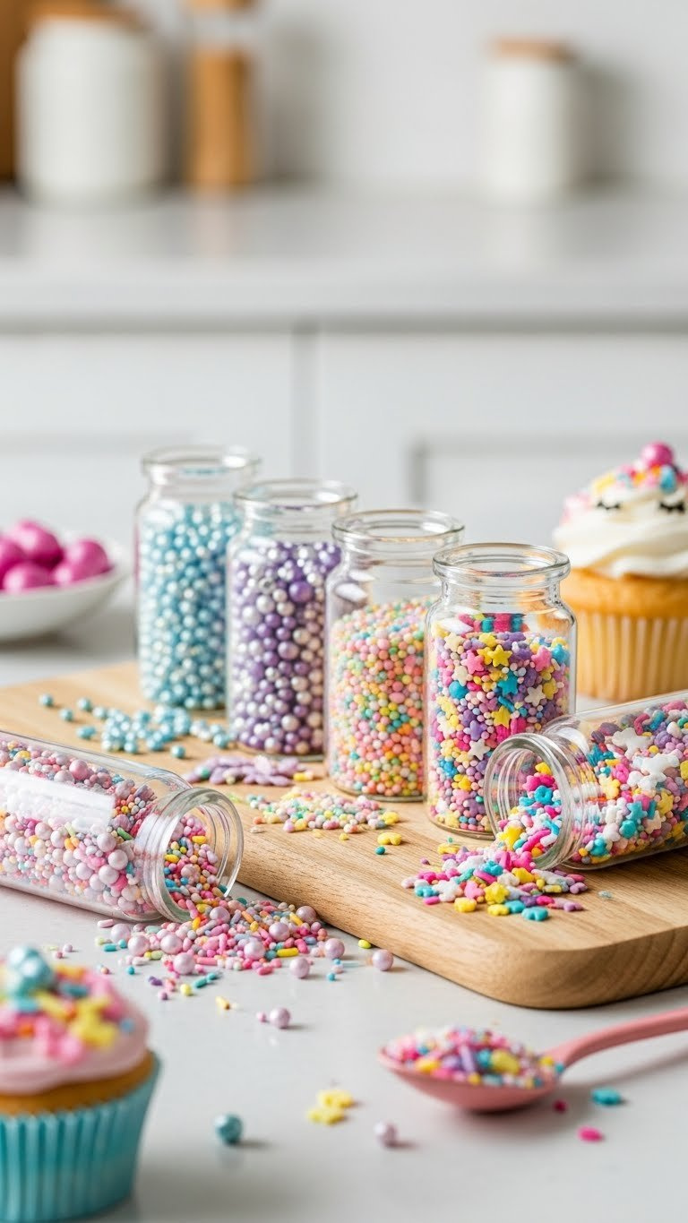 Colorful Sprinkle Mixes In Clear Glass Jars Artfully Arranged On Wooden Surface With Baking Supplies