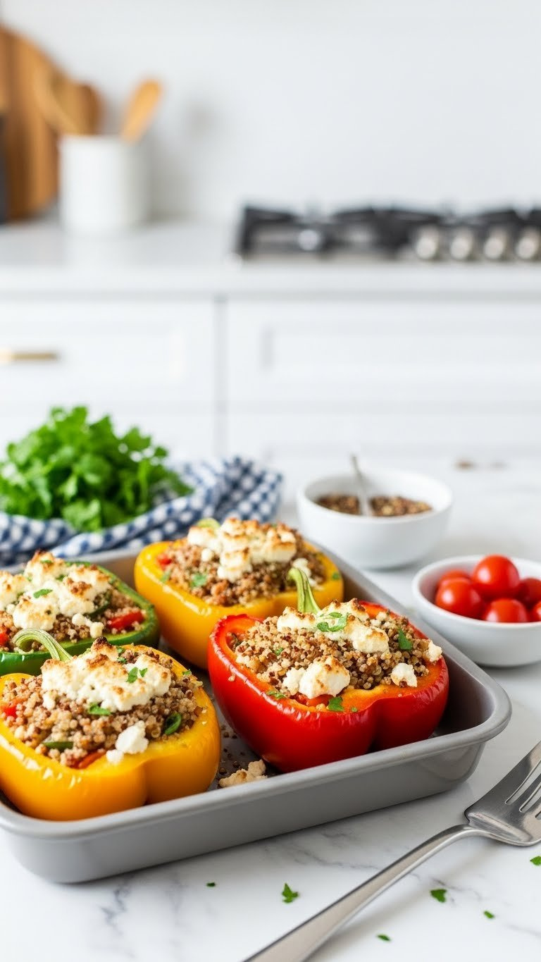 Colorful Stuffed Bell Peppers Filled With Quinoa And Feta Cheese Baked To Tender Perfection