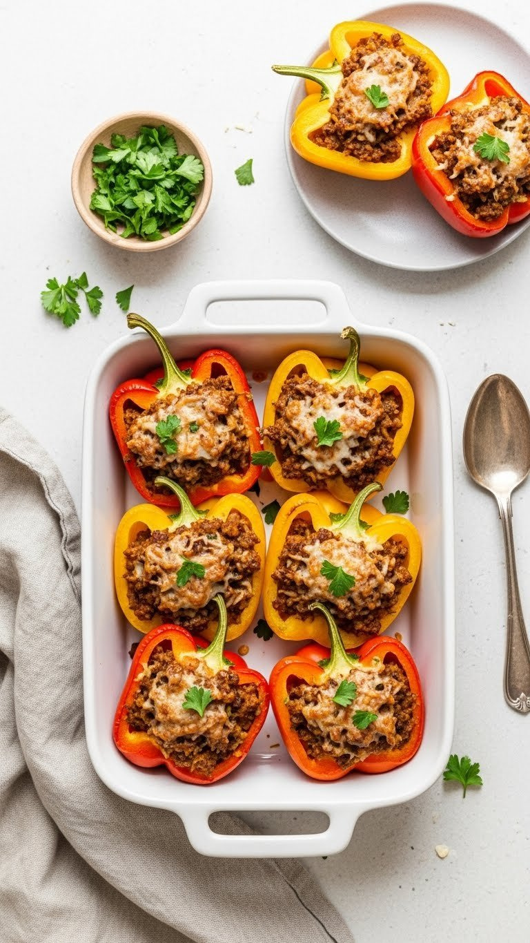 Colorful Stuffed Bell Peppers With Ground Beef And Rice Filling Topped With Melted Cheese And Parsley