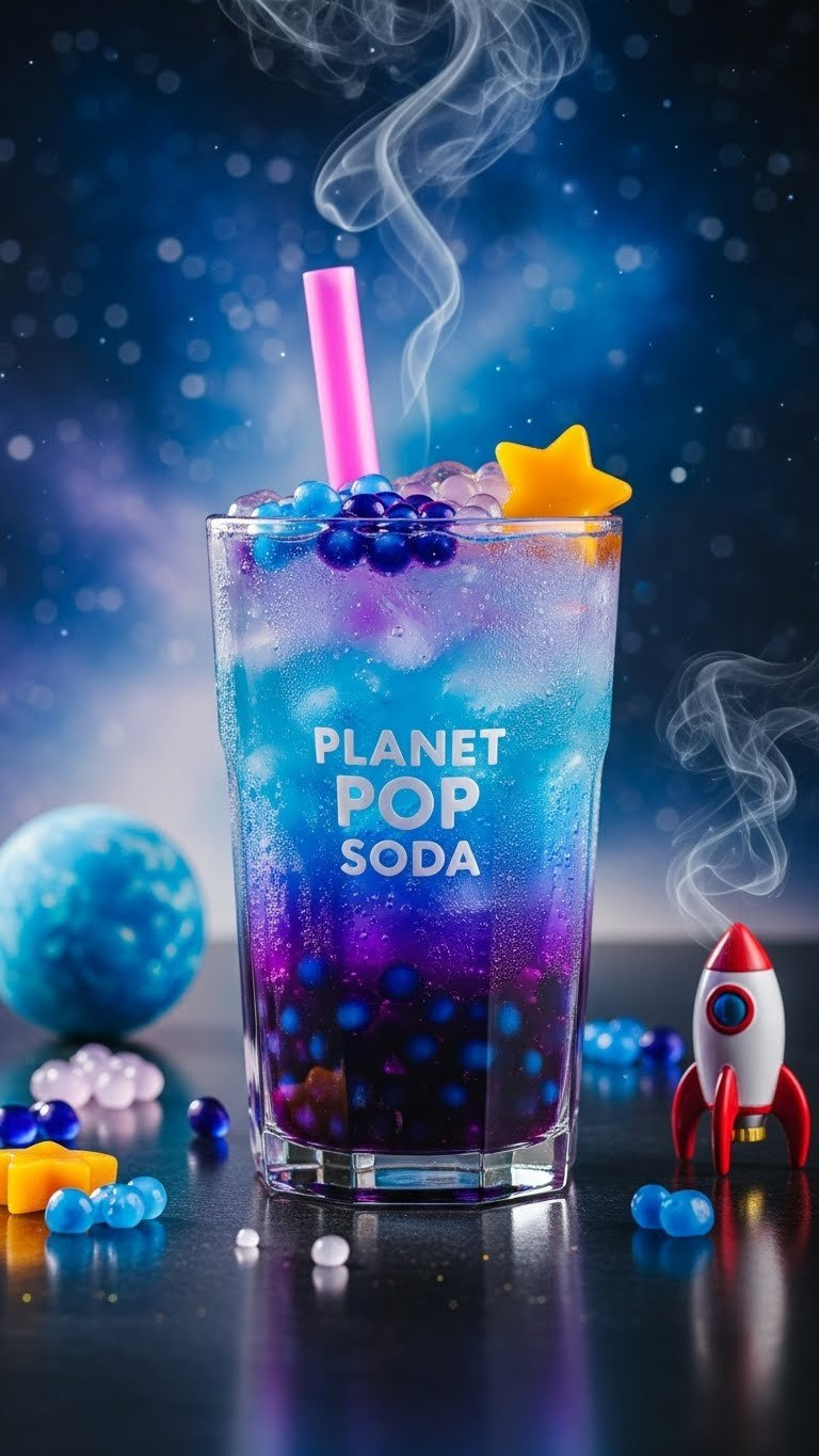 Colorful Swirling Planet-Inspired Boba Soda With Star-Shaped Pearls On Reflective Surface