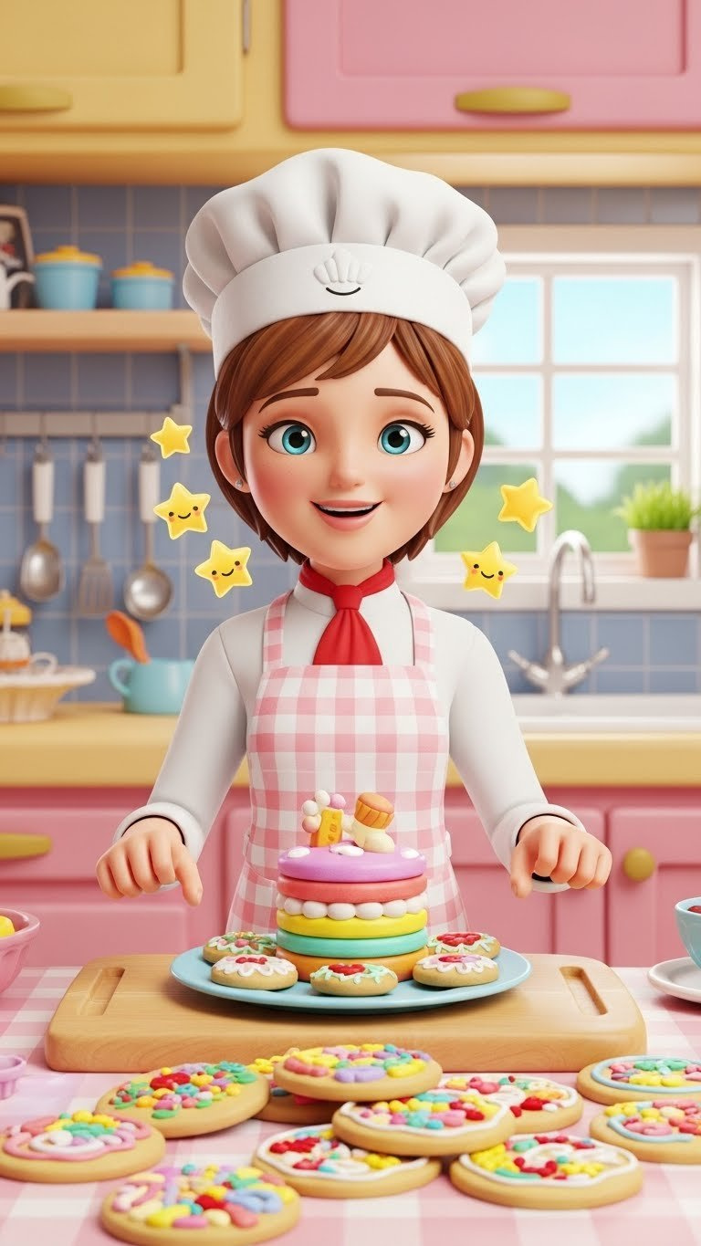 Colorful Tiered Cake With Cartoonish Hands Entering Frame In Cheerful Animated Kitchen Environment