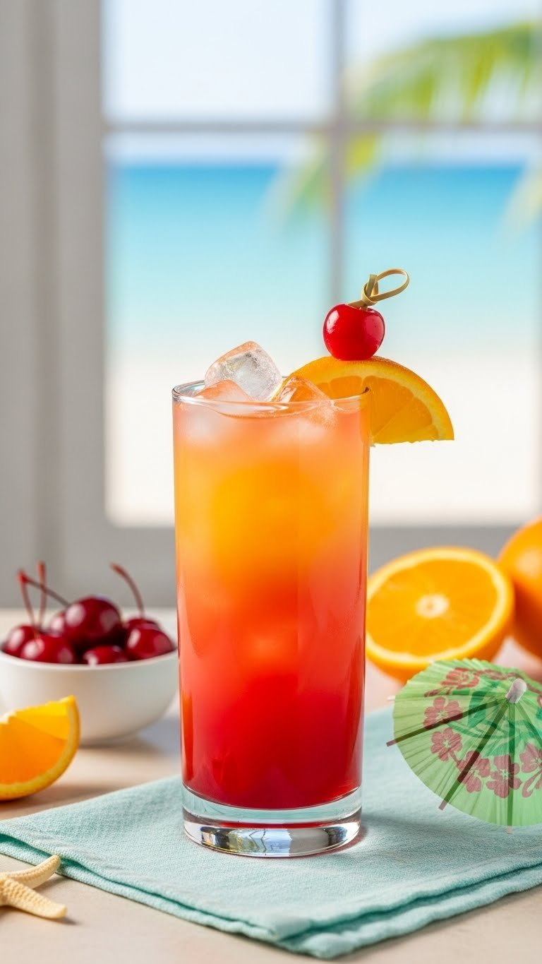 Colorful Tropical Tequila Sunrise Mocktail With Layered Red-Orange-Yellow Colors And Fruit Garnish
