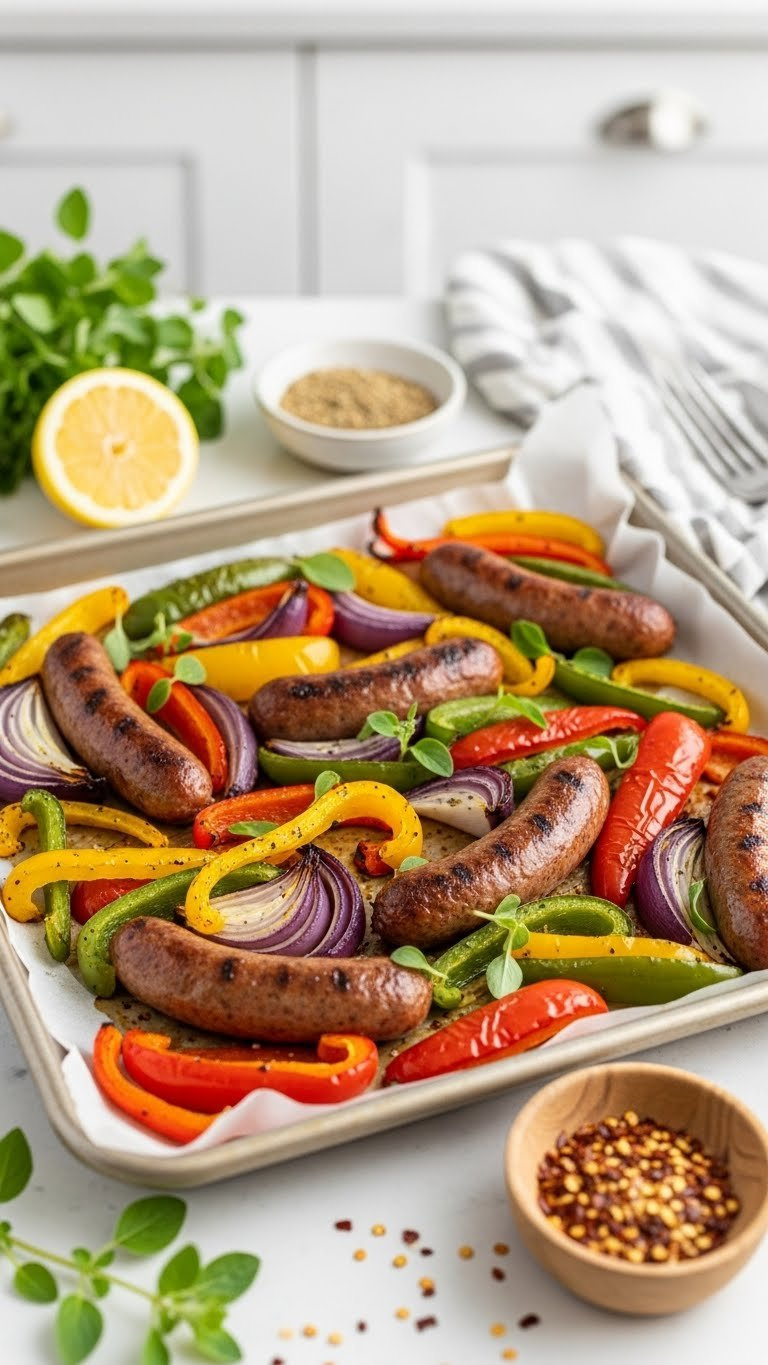 Colorful Vegan Sausage Pepper Sheet Pan Bake With Roasted Bell Peppers And Onions On Metal Pan