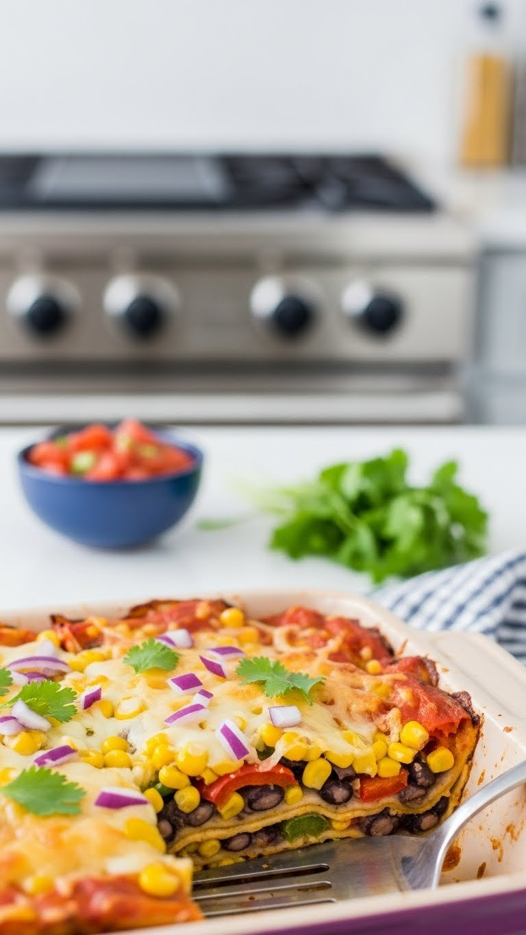 Colorful Vegetarian Mexican Lasagna With Black Beans, Corn, And Melted Cheese Layers In Square Ceramic Baking Dish