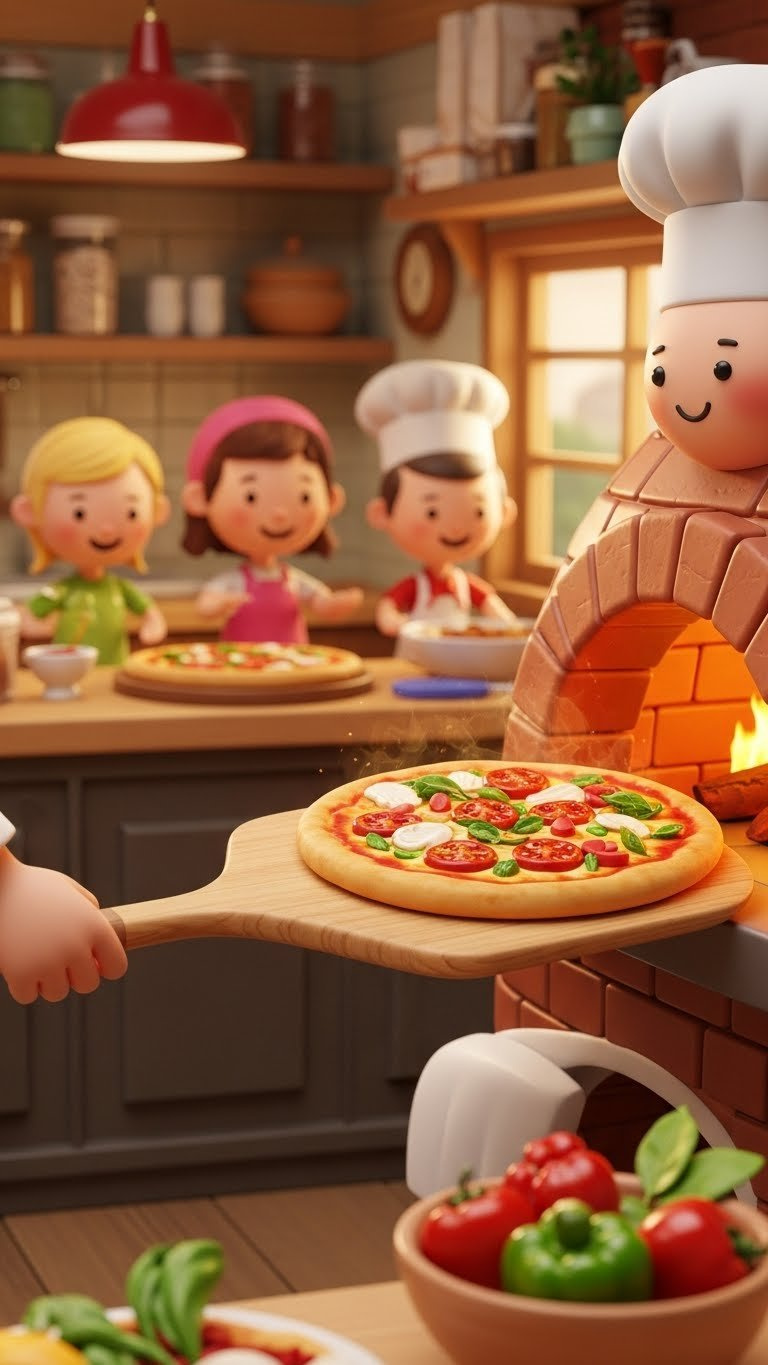 Colorful Virtual Pizza With Stylized Toppings Being Slid Into Brick Oven By Cartoon Chef Hand