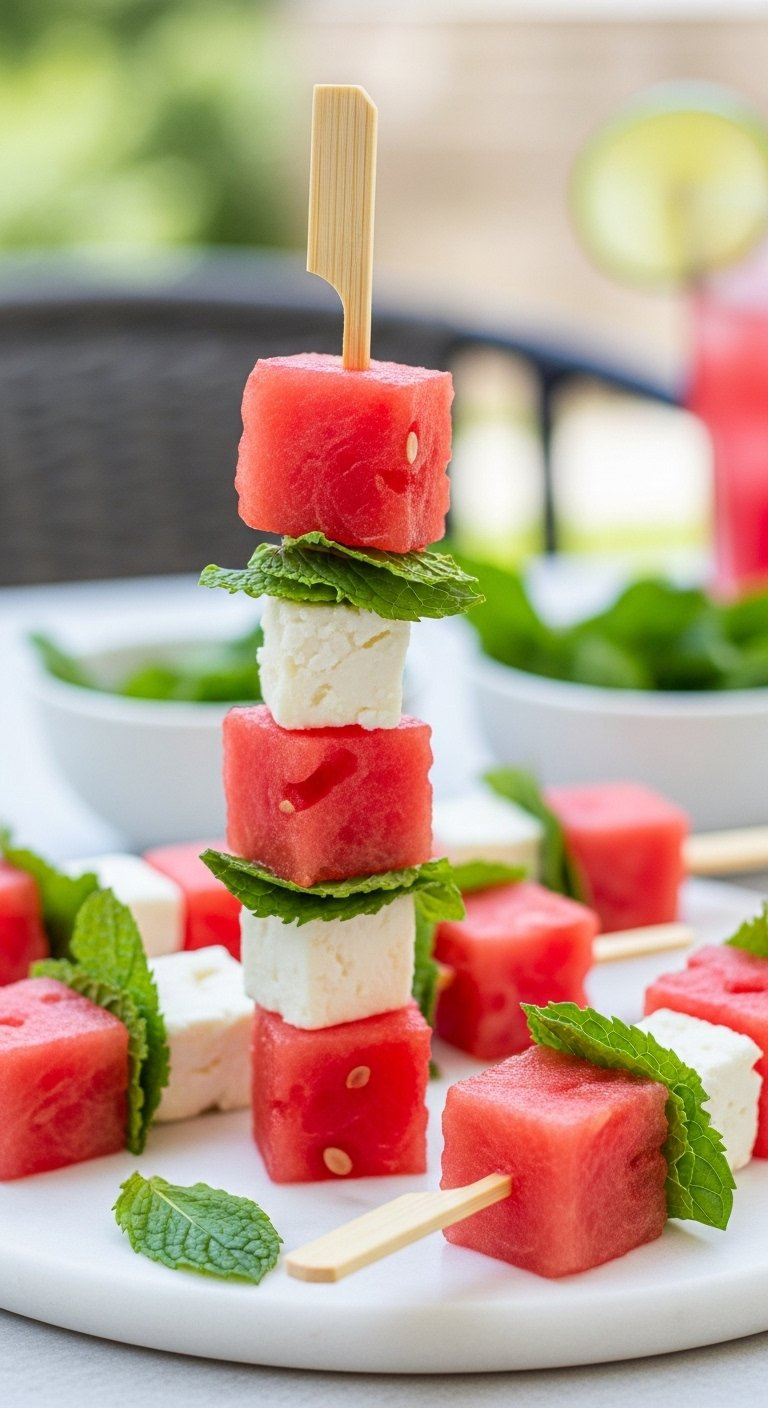 Colorful Watermelon And Feta Cheese Skewers Threaded With Fresh Mint Leaves On A White Marble Platter.