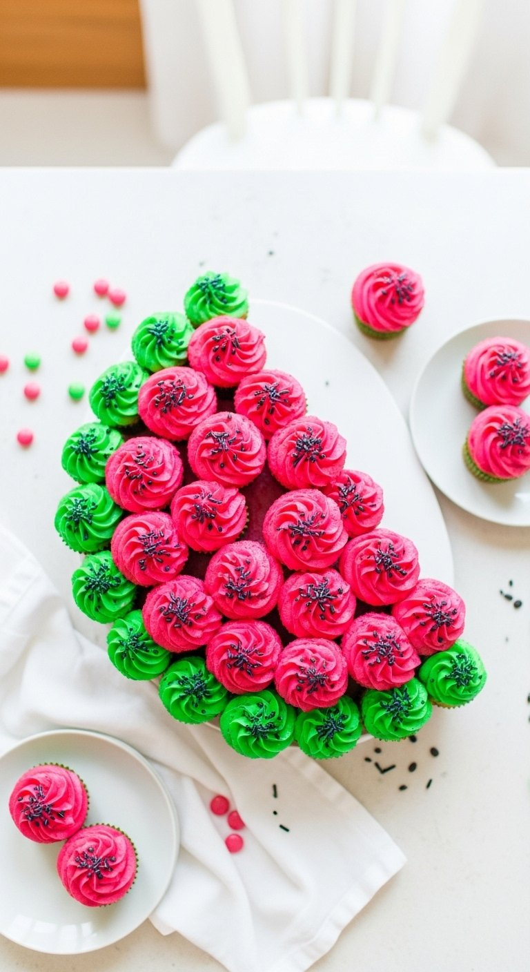 Colorful Watermelon Pull-Apart Cupcake Cake Arranged In A Slice Shape On White Linen.
