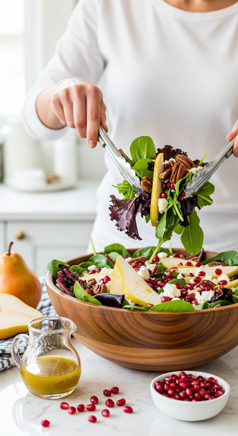 Colorful Winter Salad With Dark Greens, Pears, Pomegranate, Feta, And Candied Pecans, Tossed In A Wooden Bowl.