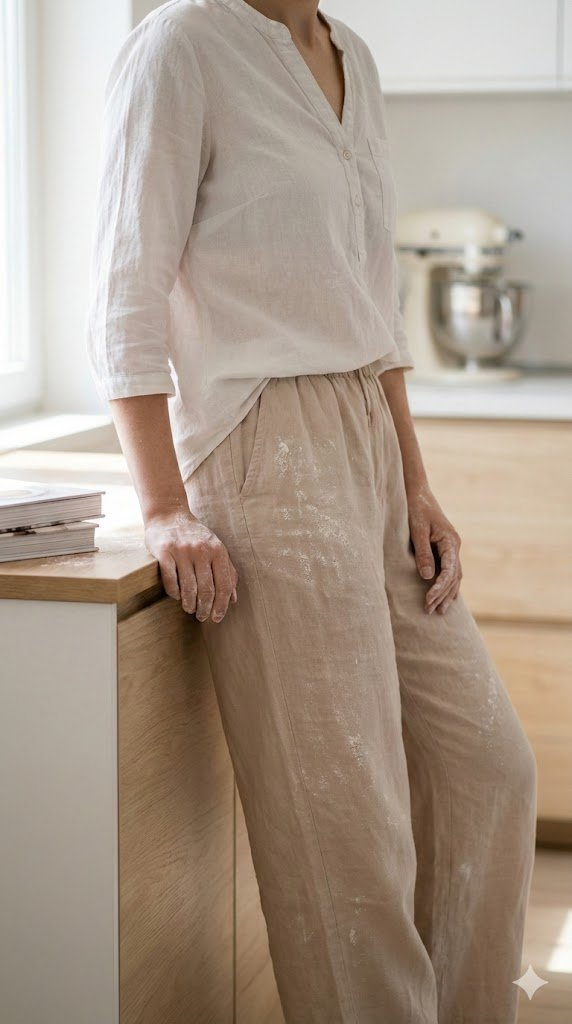Comfortable Baking Clothes Featuring Breathable Cotton Shirt And Linen Pants With Flour Dusting
