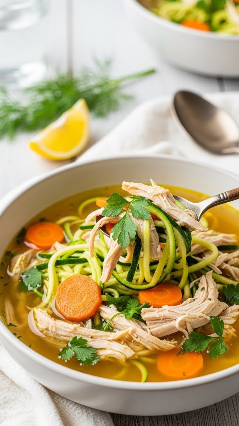 Comforting Aip Chicken Zoodle Soup With Shredded Chicken, Zucchini Noodles, Carrots, And Parsley In A Golden Broth.