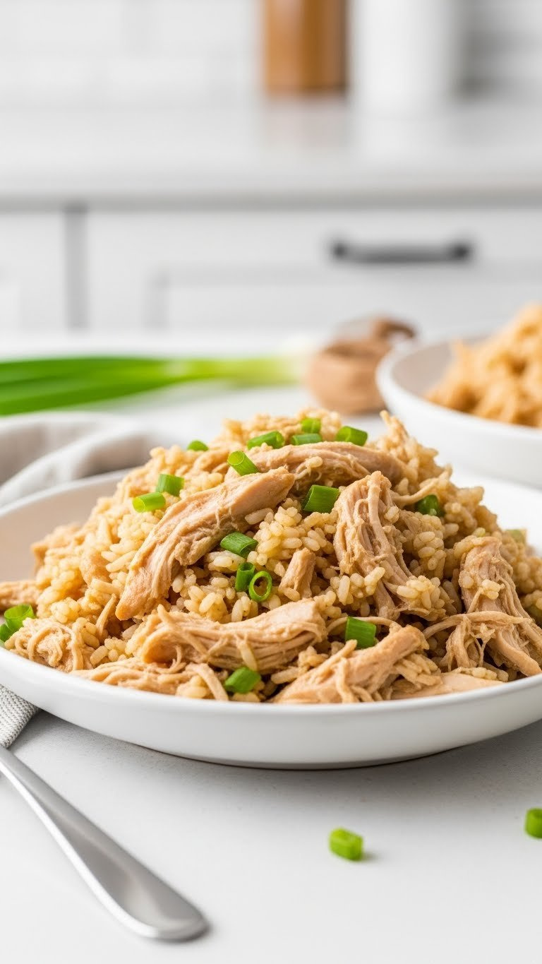 Comforting Instant Pot Chicken And Rice With Shredded Chicken, Seasoned Rice, And Fresh Green Onions On A White Plate With A Fork.