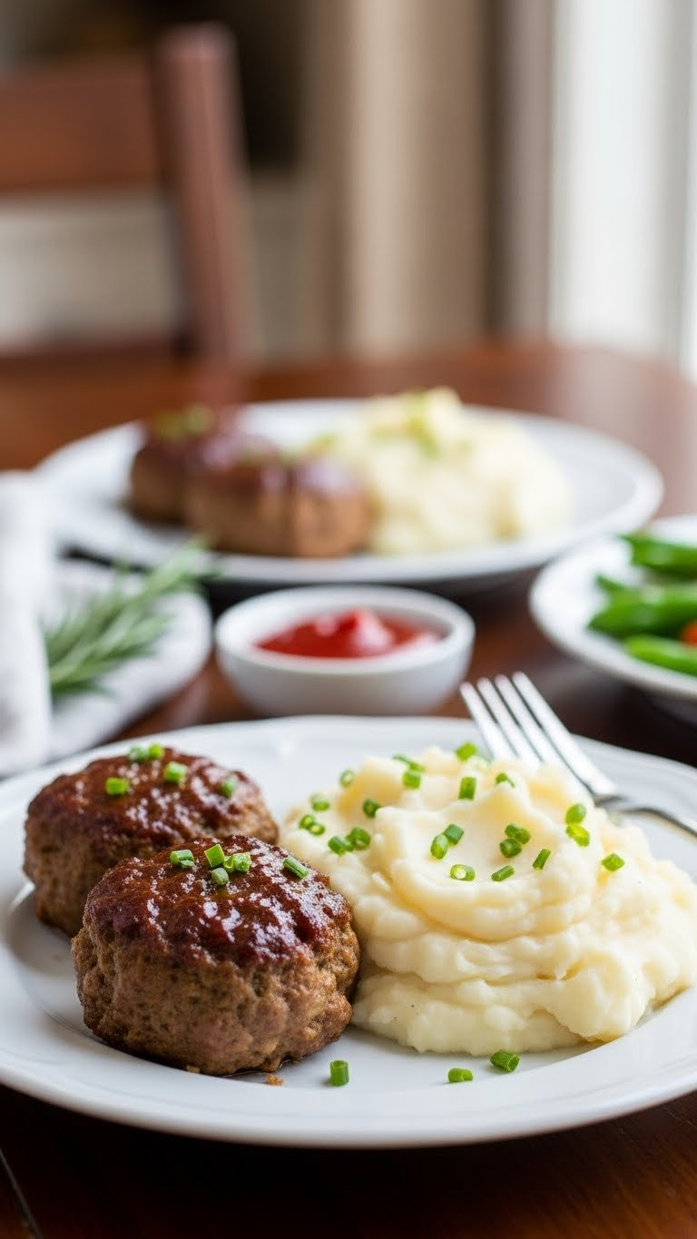 Comforting Instant Pot Mini Meatloaf And Creamy Mashed Potatoes With Fresh Chives On A Classic White Dinner Plate.