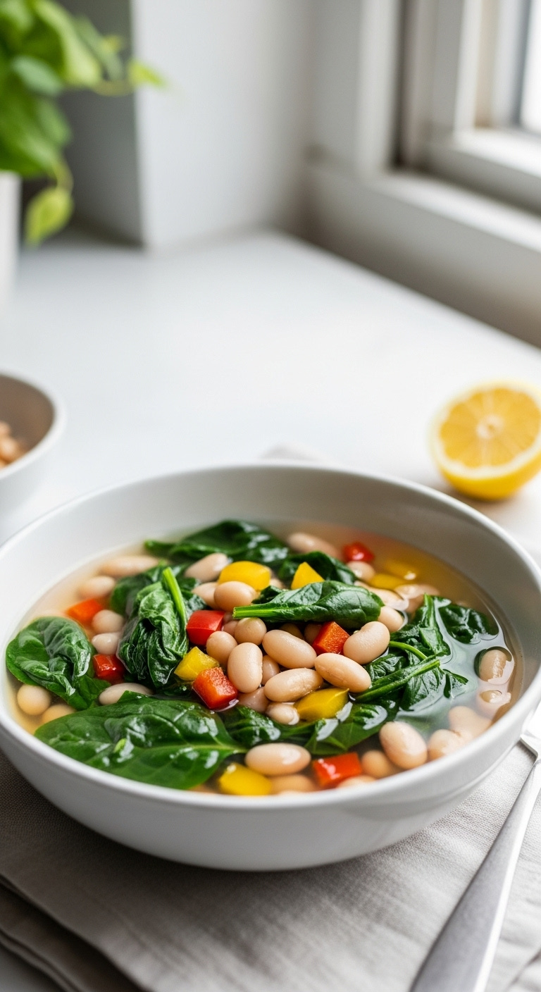 Comforting Spinach Navy Bean Soup With Spinach Bell Pepper In White Bowl On Linen Napkin With Spoon And Lemon