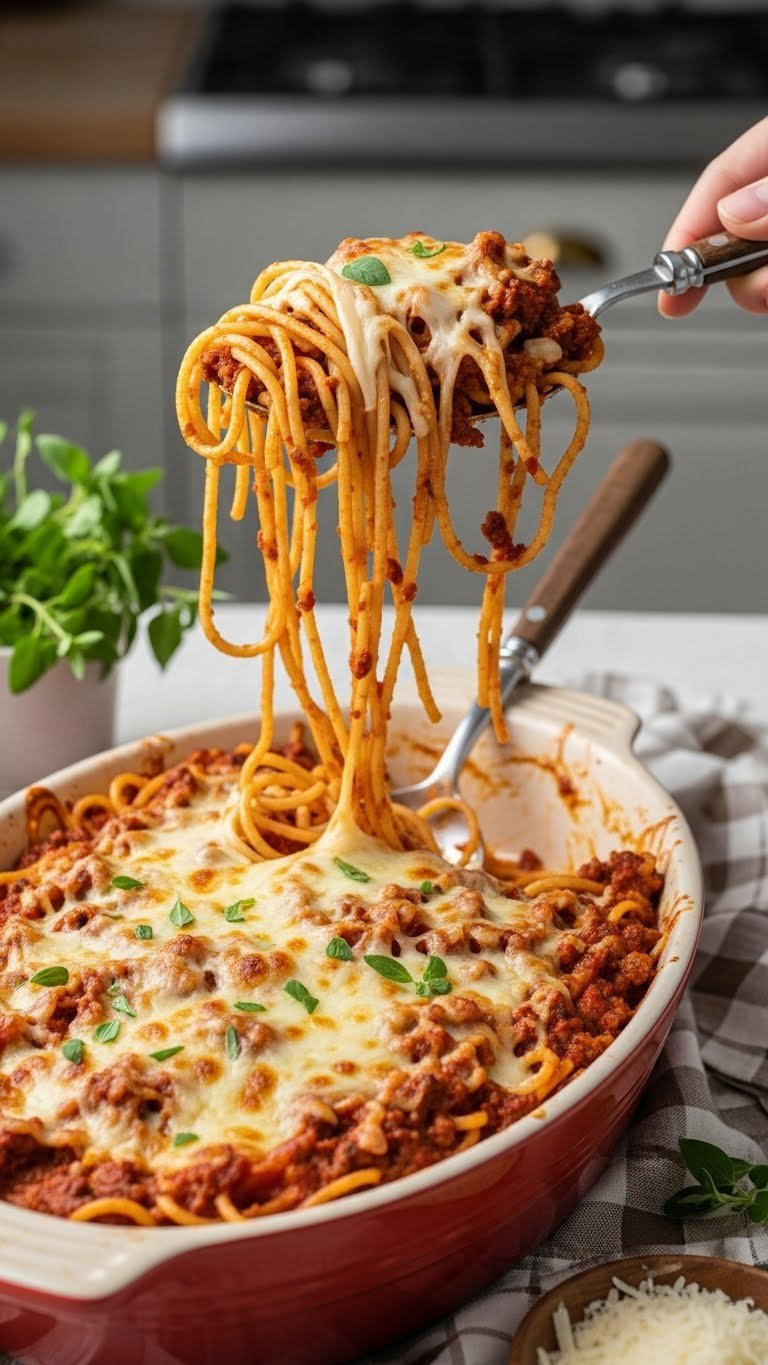 Comforting Baked Spaghetti Casserole With Long Spaghetti Strands, Meat Sauce, And Bubbly Melted Cheese.