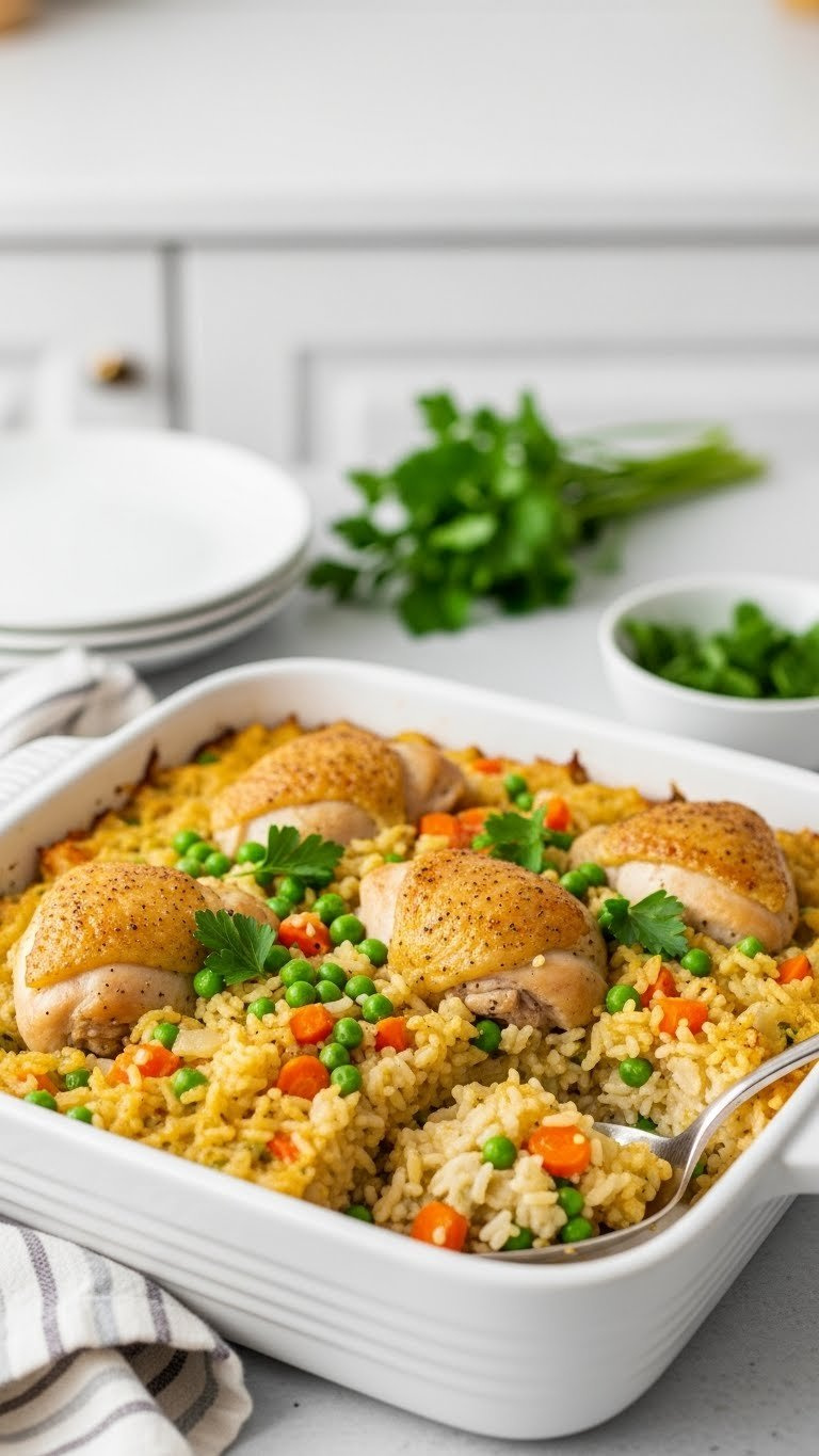 Comforting Chicken And Rice Bake With Tender Chicken Pieces, Fluffy Rice, And Vegetables In White Ceramic Dish.