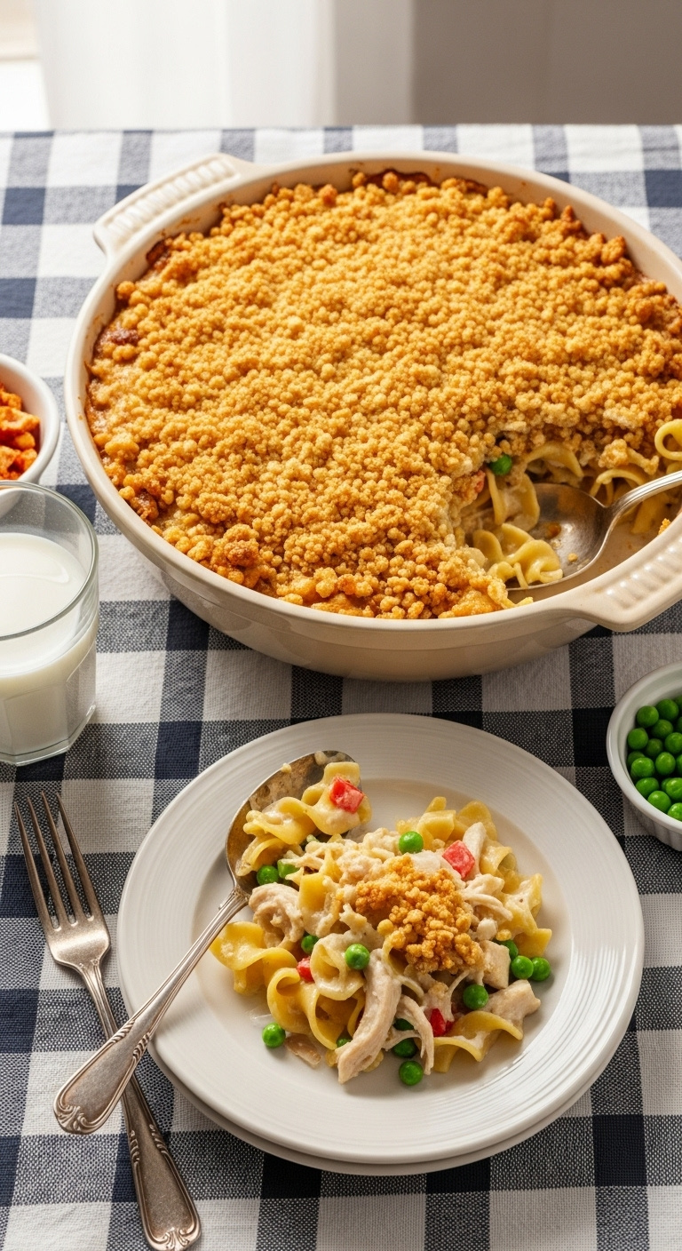 Comforting Chicken Noodle Casserole In Vintage Dish With Crunchy Golden Brown Cracker Topping Creamy Sauce Wide Egg Noodles Shredded Chicken And Peas