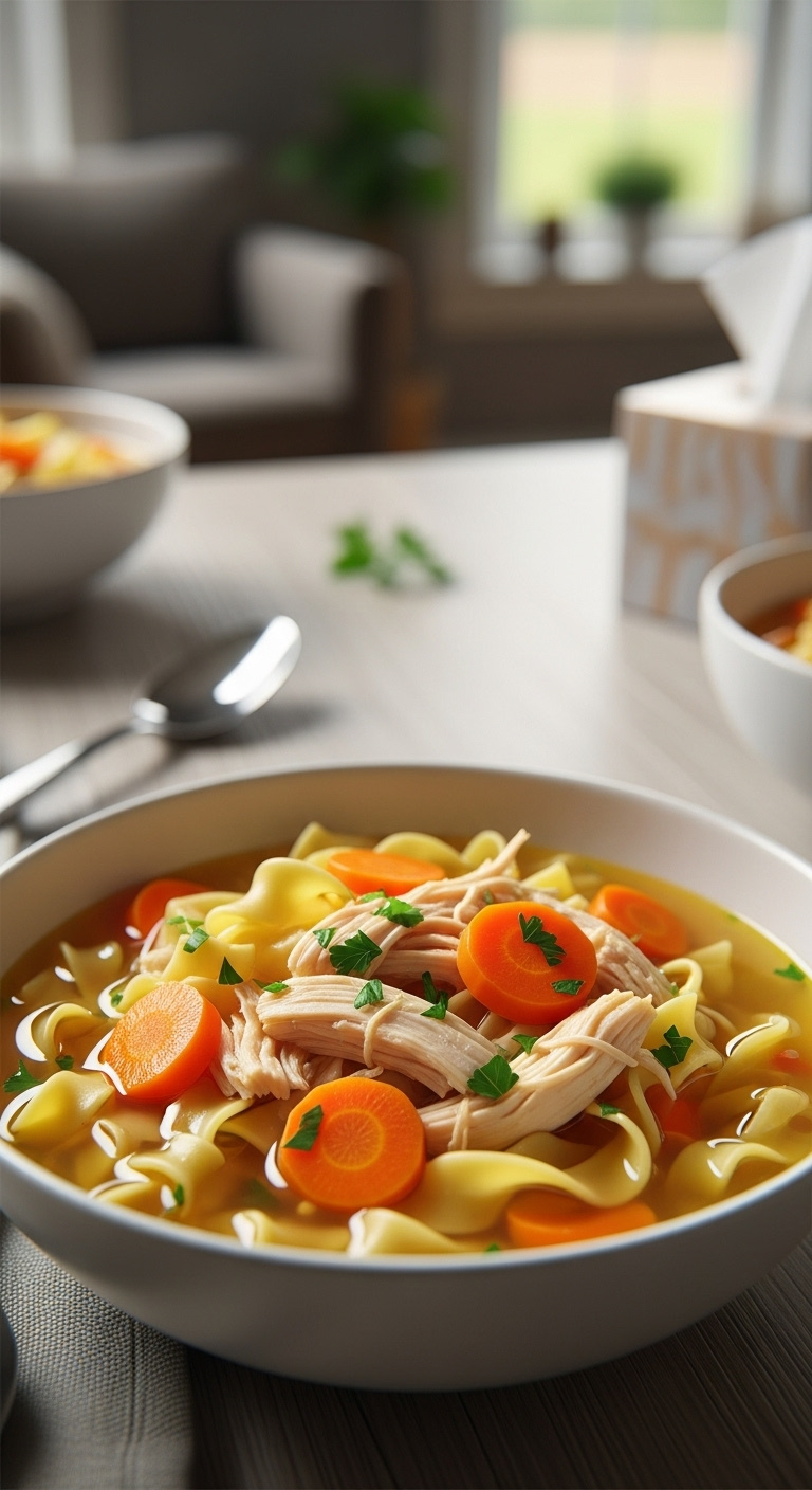Comforting Crockpot Chicken Noodle Soup With Shredded Chicken, Egg Noodles, Carrots, And Parsley In A White Bowl On A Wooden Table.