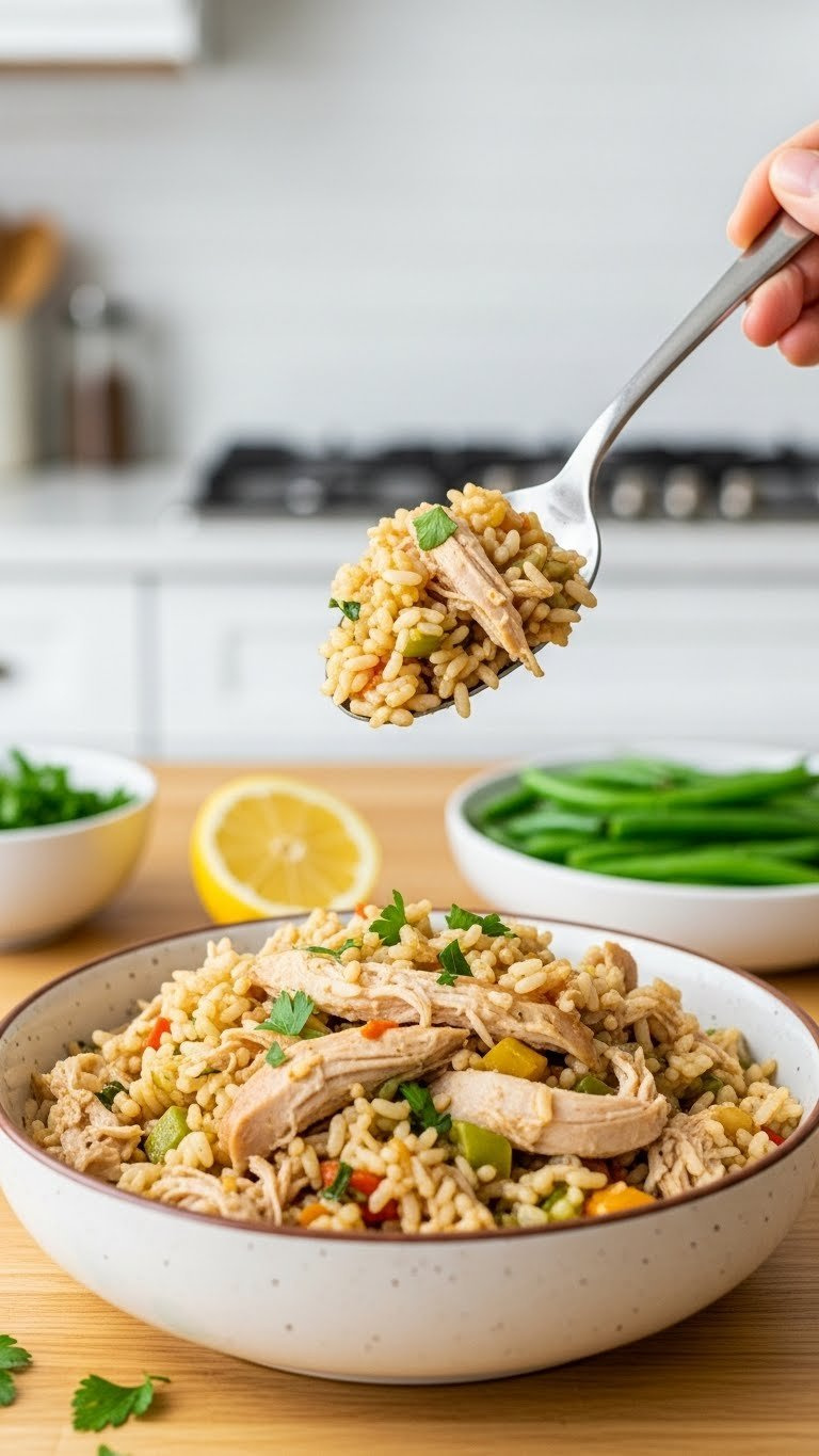 Comforting Dairy-Free Instant Pot Chicken And Rice With Herbs, Vegetables, Parsley, And Lemon On A Wooden Counter.