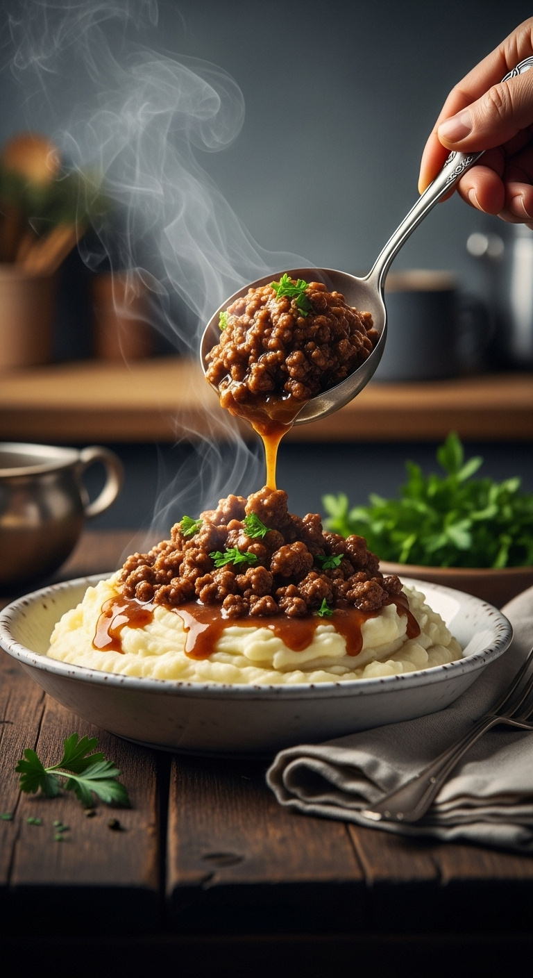 Comforting Ground Beef And Gravy Over Mashed Potatoes In Rustic White Bowl With Parsley Garnish And Vintage Fork High-End Magazine Cover Style