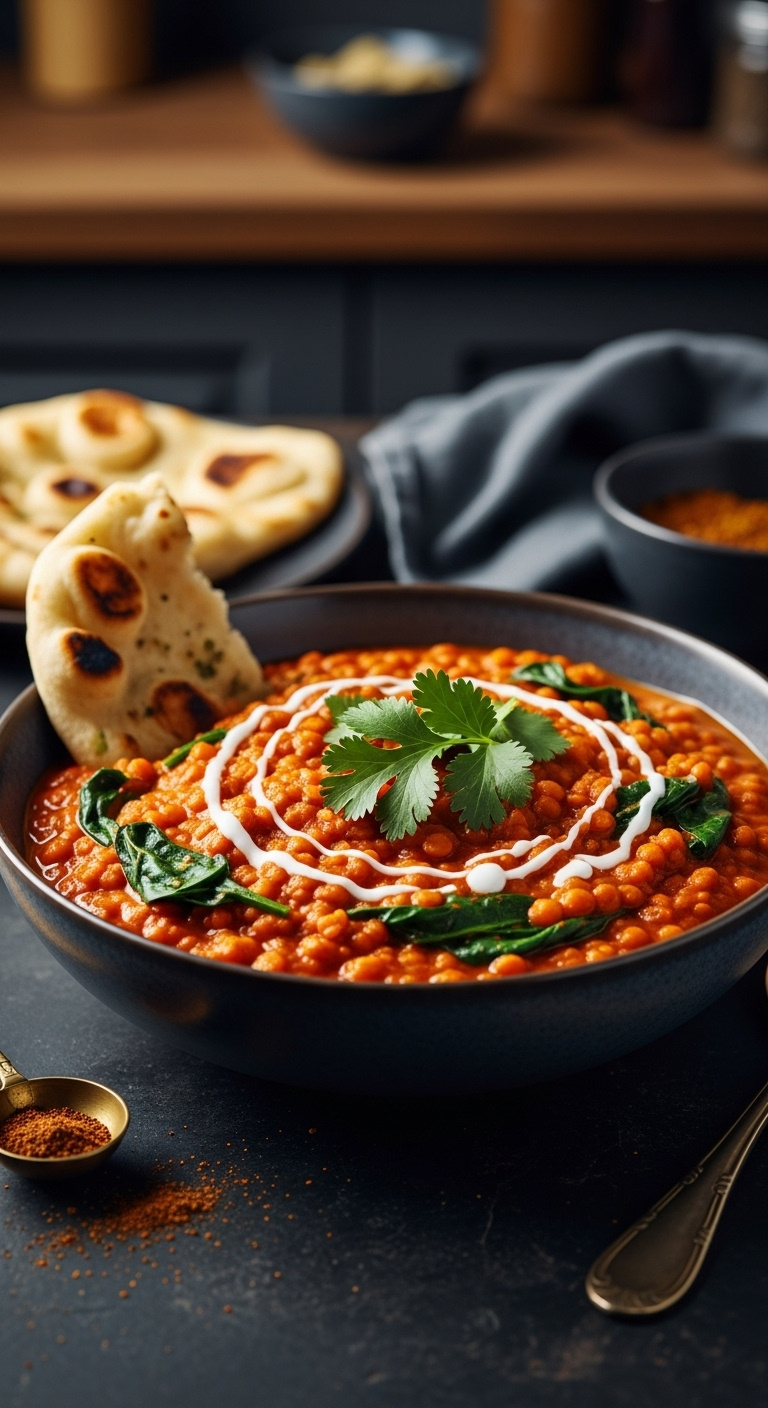 Comforting Red Lentil Curry With Coconut Cream And Cilantro In A Bowl With Naan On A Dark Textured Tabletop