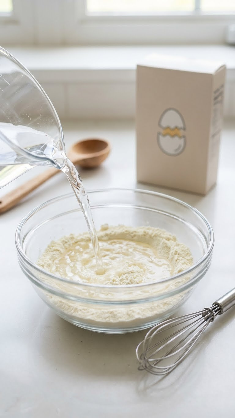Commercial Egg Replacer Powder Mixing With Water In A Ceramic Bowl On A Light Counter, With Its Branded Box. Easy Vegan Baking.