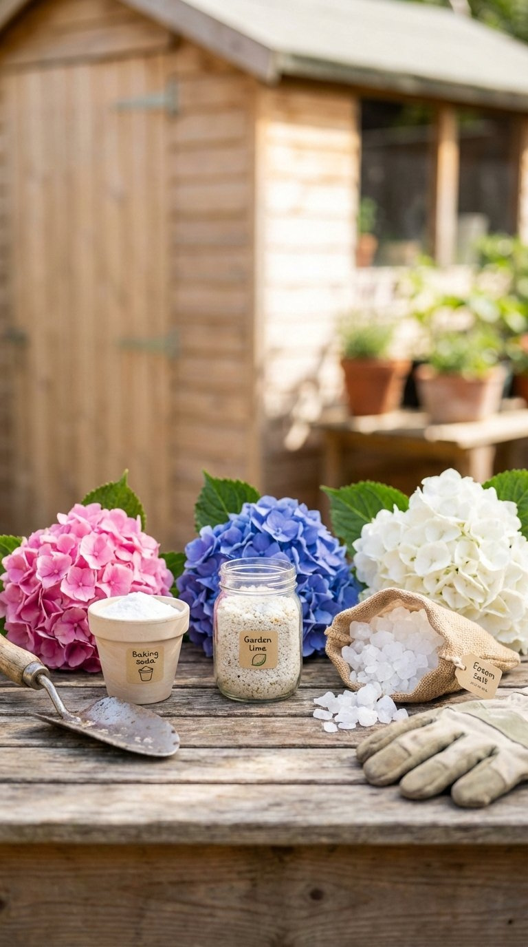 Comparison Of Baking Soda, Garden Lime, And Epsom Salts Next To Different Colored Hydrangea Blooms For Flower Color Change.