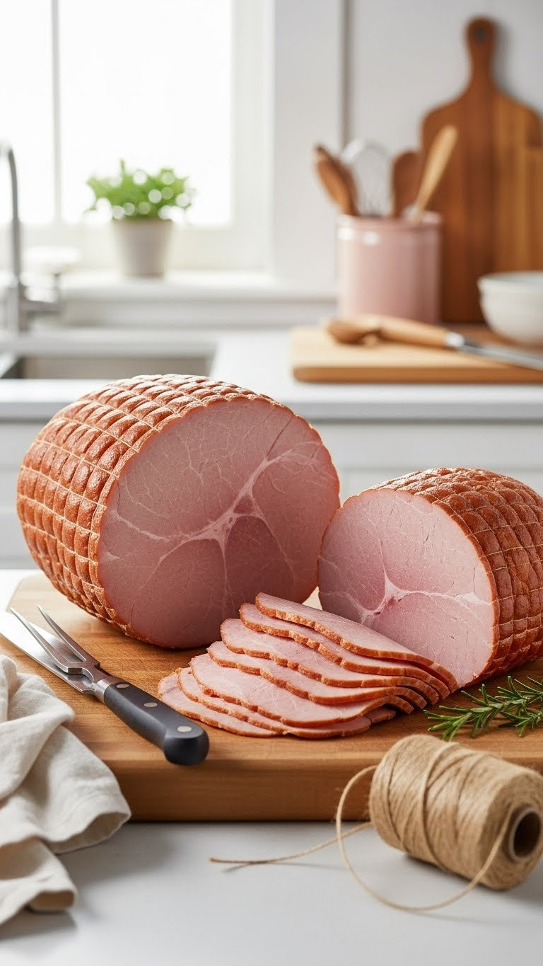 Comparison Of Bone-In Ham Versus Spiral-Cut Ham On Light Wooden Butcher Block
