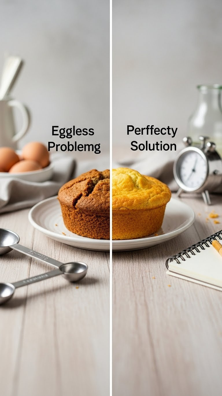 Comparison Of Dense Sunken Eggless Cake Versus Perfectly Risen Fluffy Counterpart Highlighting Baking Problem And Solution.
