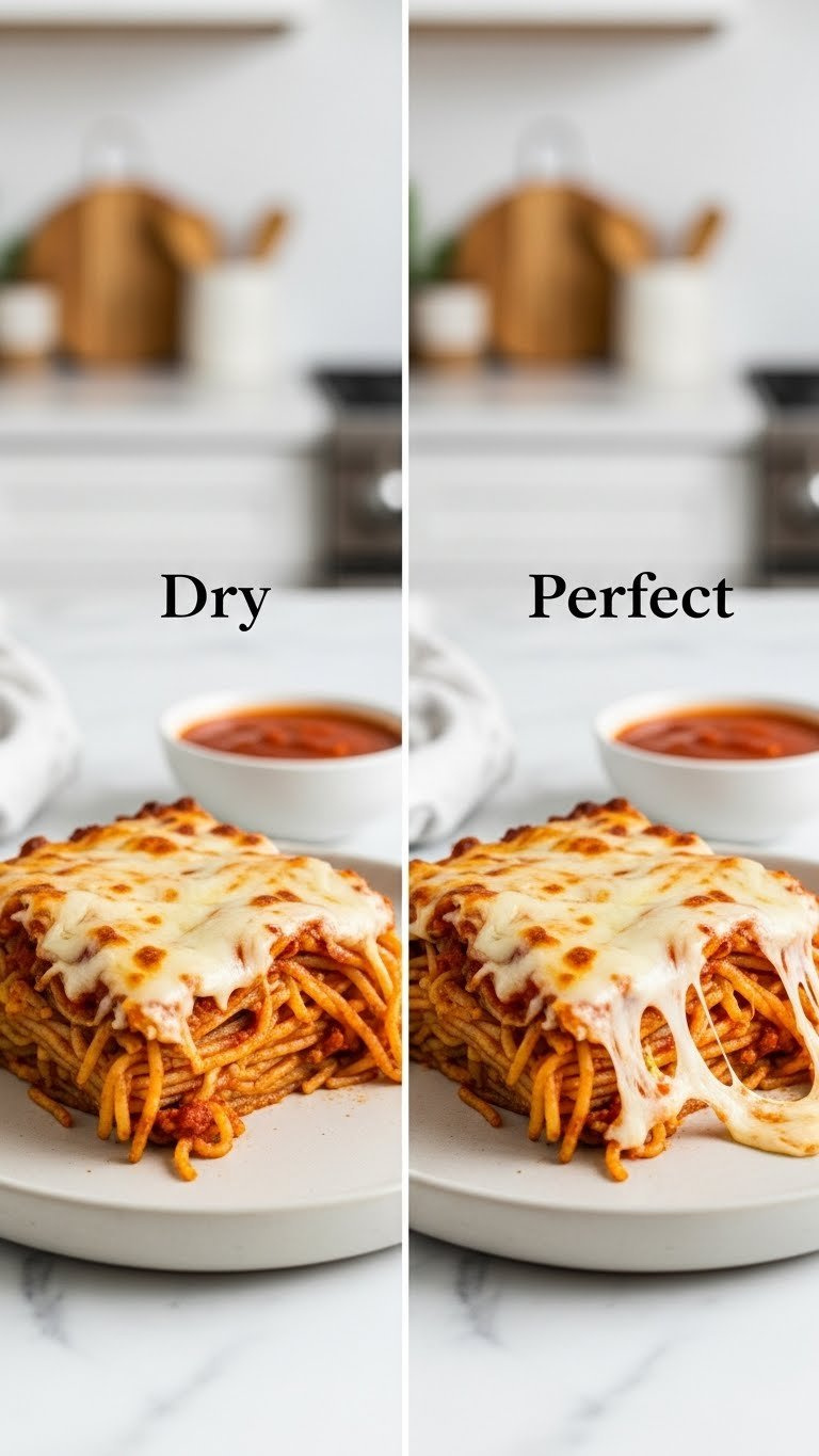 Comparison Of Dry Versus Moist Baked Spaghetti Showing Perfect Cheese Pull Versus Overcooked Slice