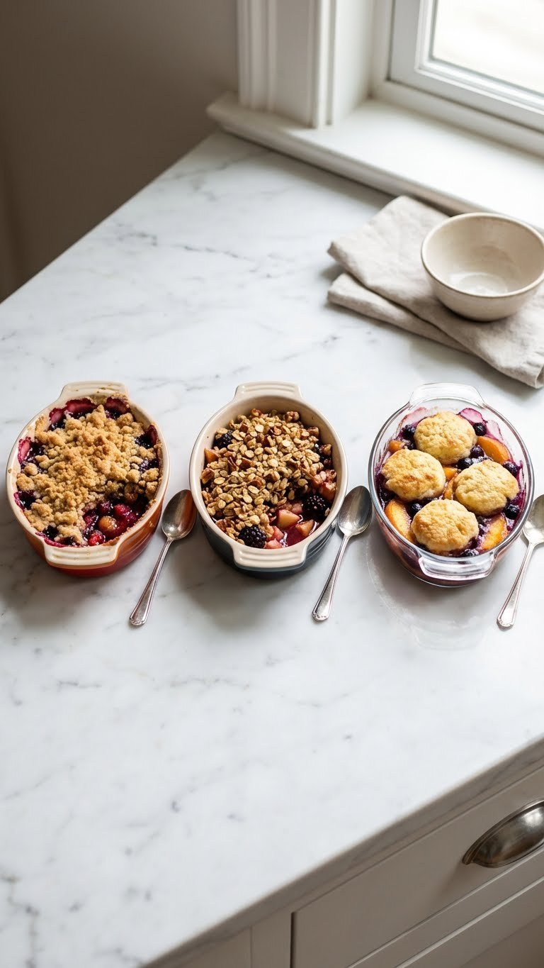 Comparison Of Fruit Desserts: Crumble (Streusel), Crisp (Oat/Nut), And Cobbler (Biscuit) With Elegant Utensils On Marble.