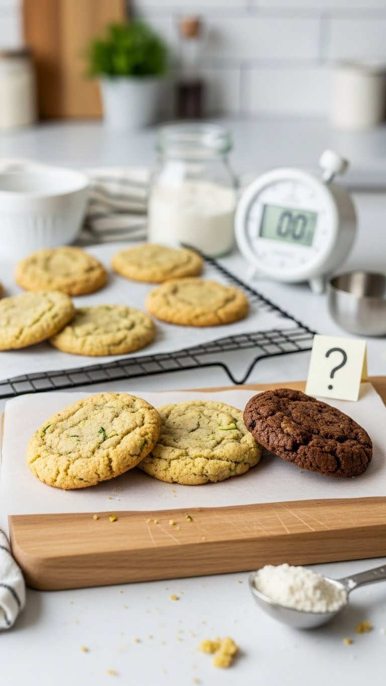 Comparison Of Perfectly Baked, Underbaked, And Overbaked Zucchini Cookies Showing Visual Differences In Color And Texture On Cutting Board.