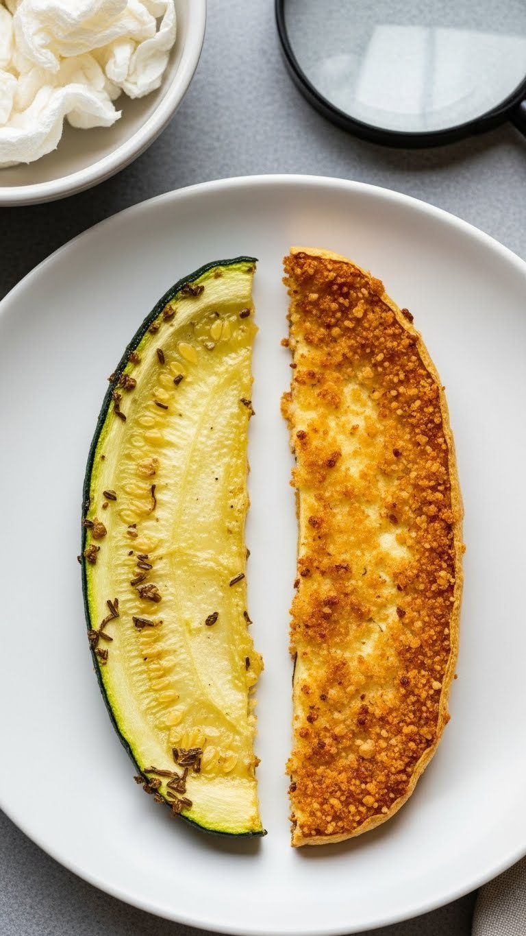 Comparison Of Soggy Pale Zucchini Slice Versus Golden Crispy Baked Zucchini Slice Showing Cooking Results