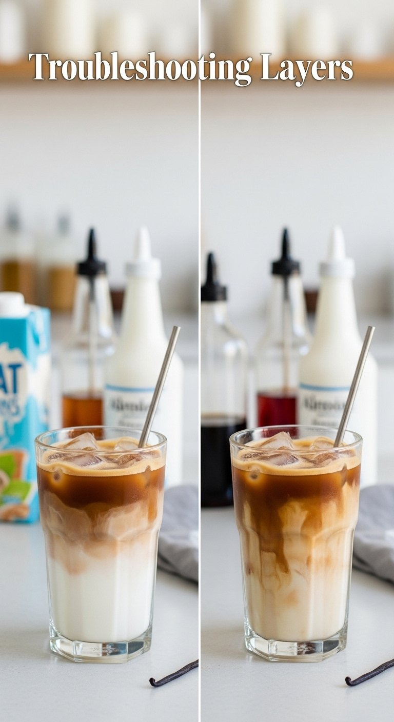 Comparison Of Two Iced Caramel Macchiatos Showing Perfect Versus Mixed Layers Surrounded By Various Milks And Syrups.
