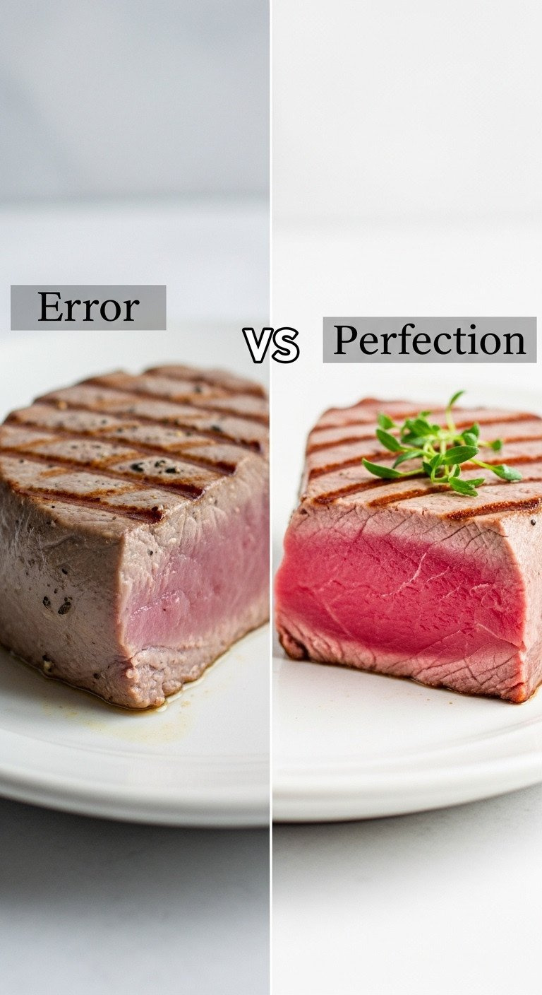 Comparison: Overcooked Gray Tuna Steak Next To Perfectly Cooked Tuna With Vibrant Pink Center, On A White Platter.