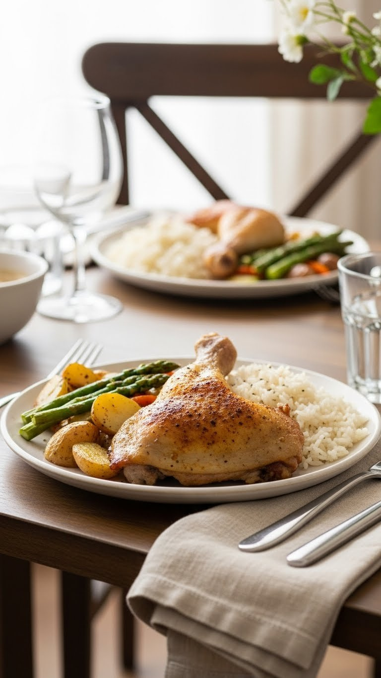 Complete Dinner Plate With Crispy Baked Chicken Leg Quarter, Roasted Vegetables, And Fluffy Rice