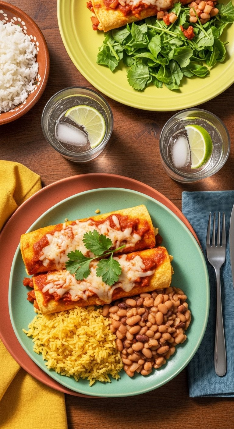 Complete Dinner Plate With Two Chicken Enchiladas Served Alongside Rice And Beans.
