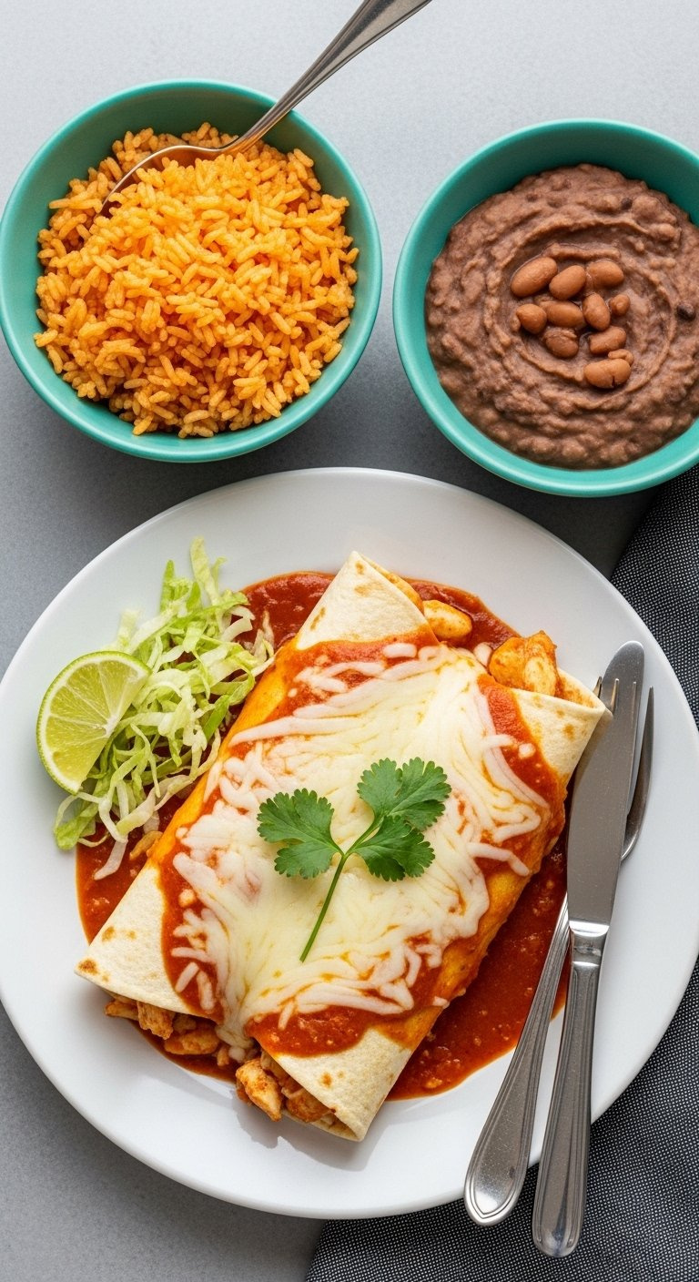 Complete Meal Featuring Cream Cheese Chicken Enchilada Served With Mexican Rice And Beans.