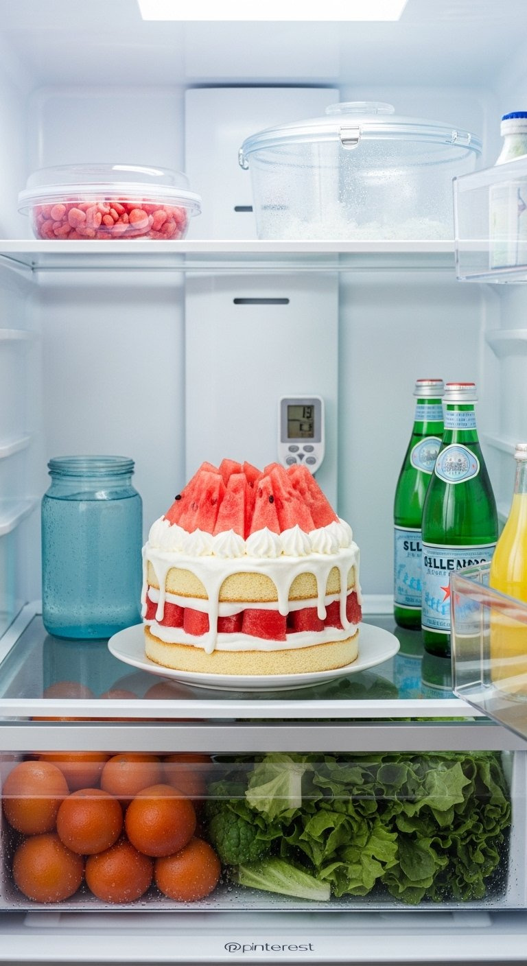 Completed Watermelon Pull-Apart Cake Resting On A Glass Shelf Inside A Refrigerator.
