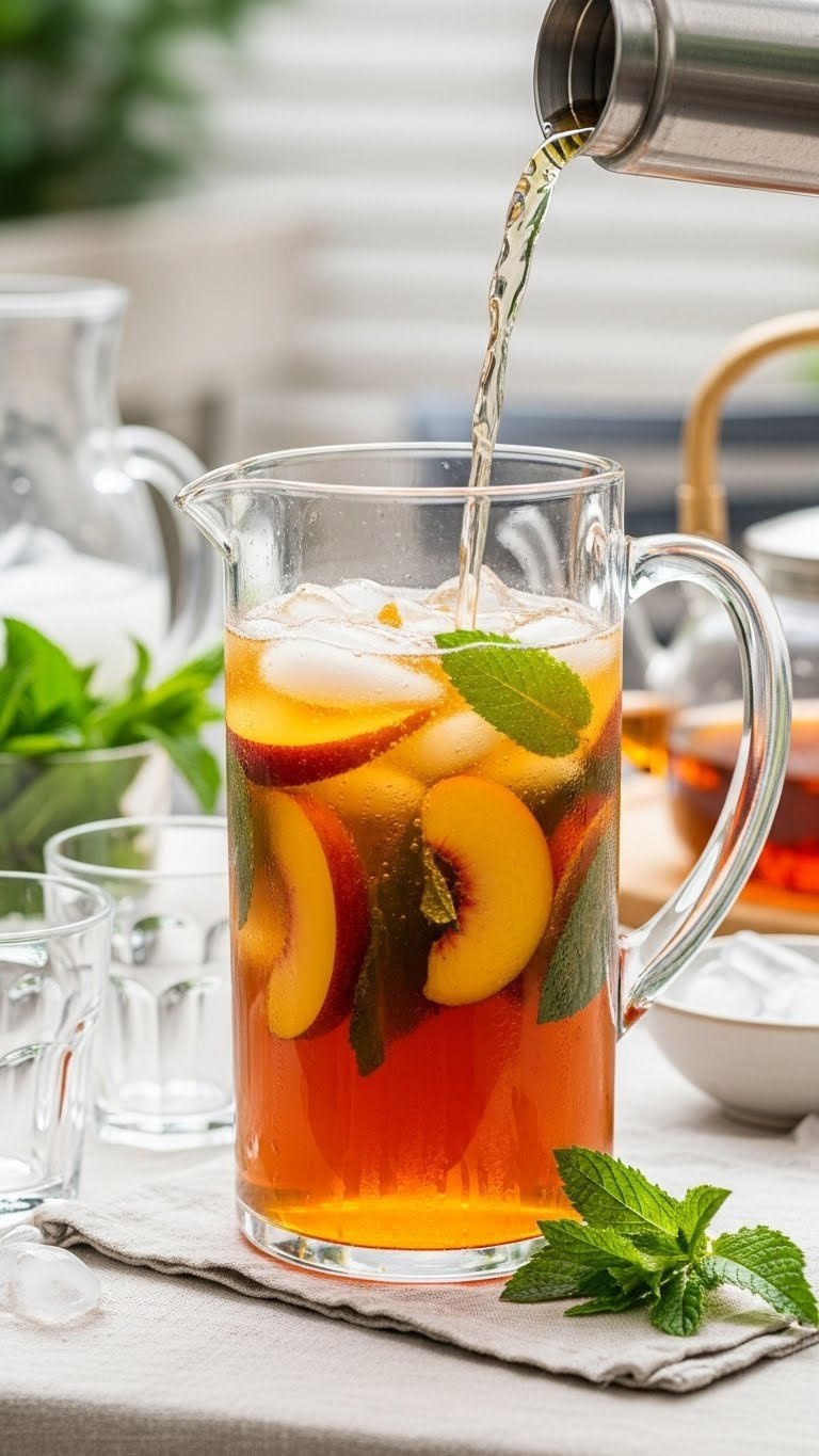 Condensation-Beaded Glass Pitcher Filled With Golden-Brown Sparkling Peach Iced Tea With Fresh Peach Slices And Mint Leaves