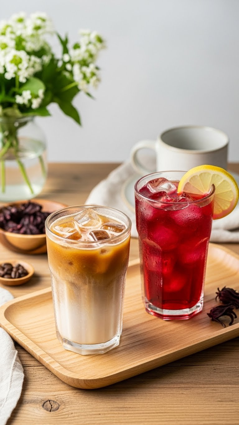 Condensation-Beaded Iced Coffee With Almond Milk And Crimson Hibiscus Iced Tea Side-By-Side On Light Wooden Tray