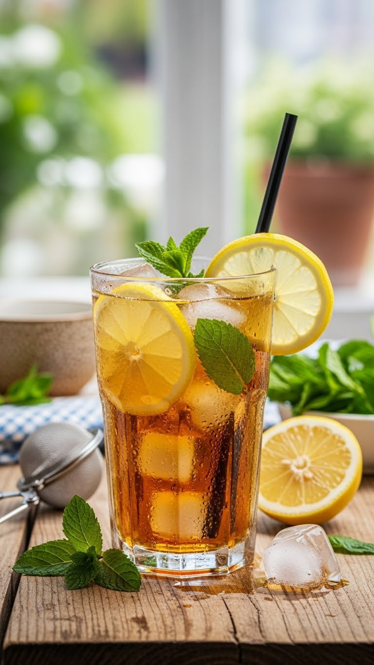 Condensation-Covered Glass Of Herbal Iced Tea With Lemon Slices And Mint Leaves On Rustic Wooden Table