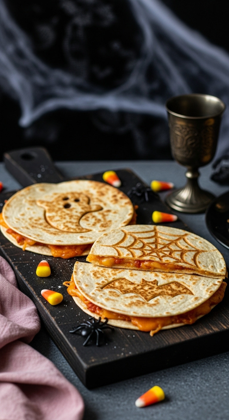 Cooked Halloween Quesadillas: Ghost, Spiderweb, Bat Shapes On Dark Rustic Board With Candy Corn, Antique Goblet.