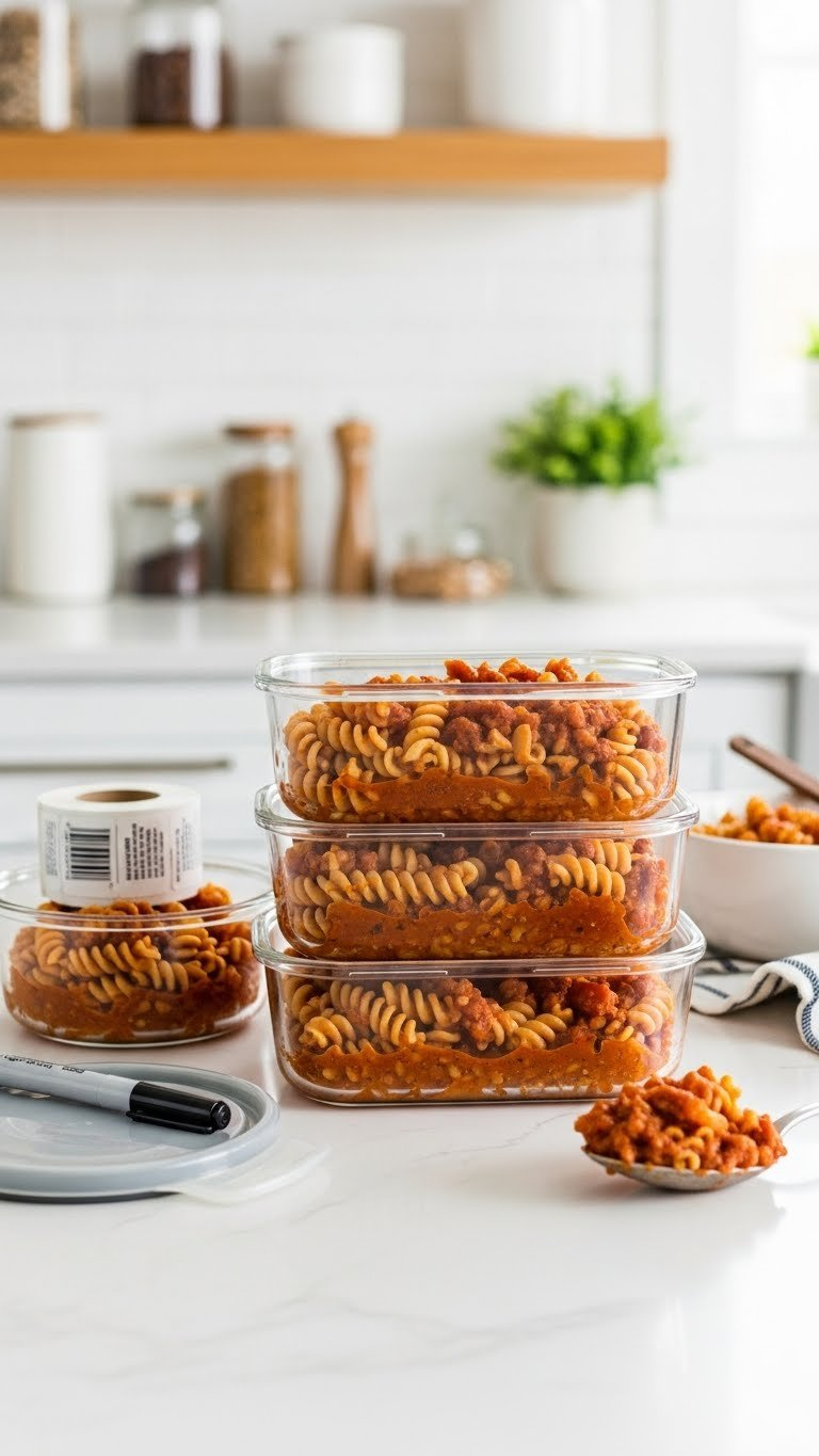 Cooked Instant Pot Goulash Is Neatly Stored In Clear Glass Meal Prep Containers, Showcasing Freshness And Organized Meal Solutions.