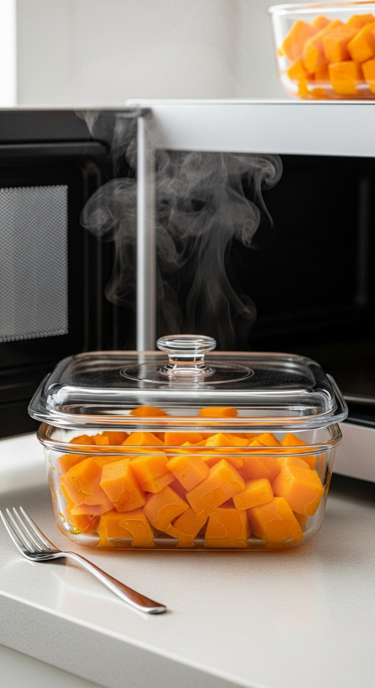 Cooked And Tender Butternut Squash Cubes Steaming Inside A Clear Glass Microwave-Safe Dish With A Fork Resting Beside It.