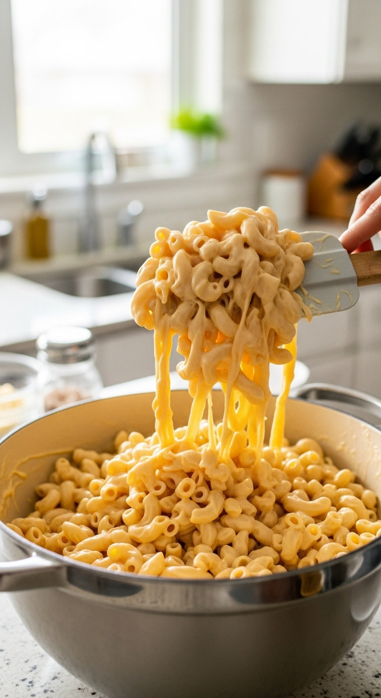 Cooked Elbow Macaroni Being Folded Into Rich, Creamy Cheese Sauce In A Dutch Oven On A Kitchen Counter For Mac And Cheese.